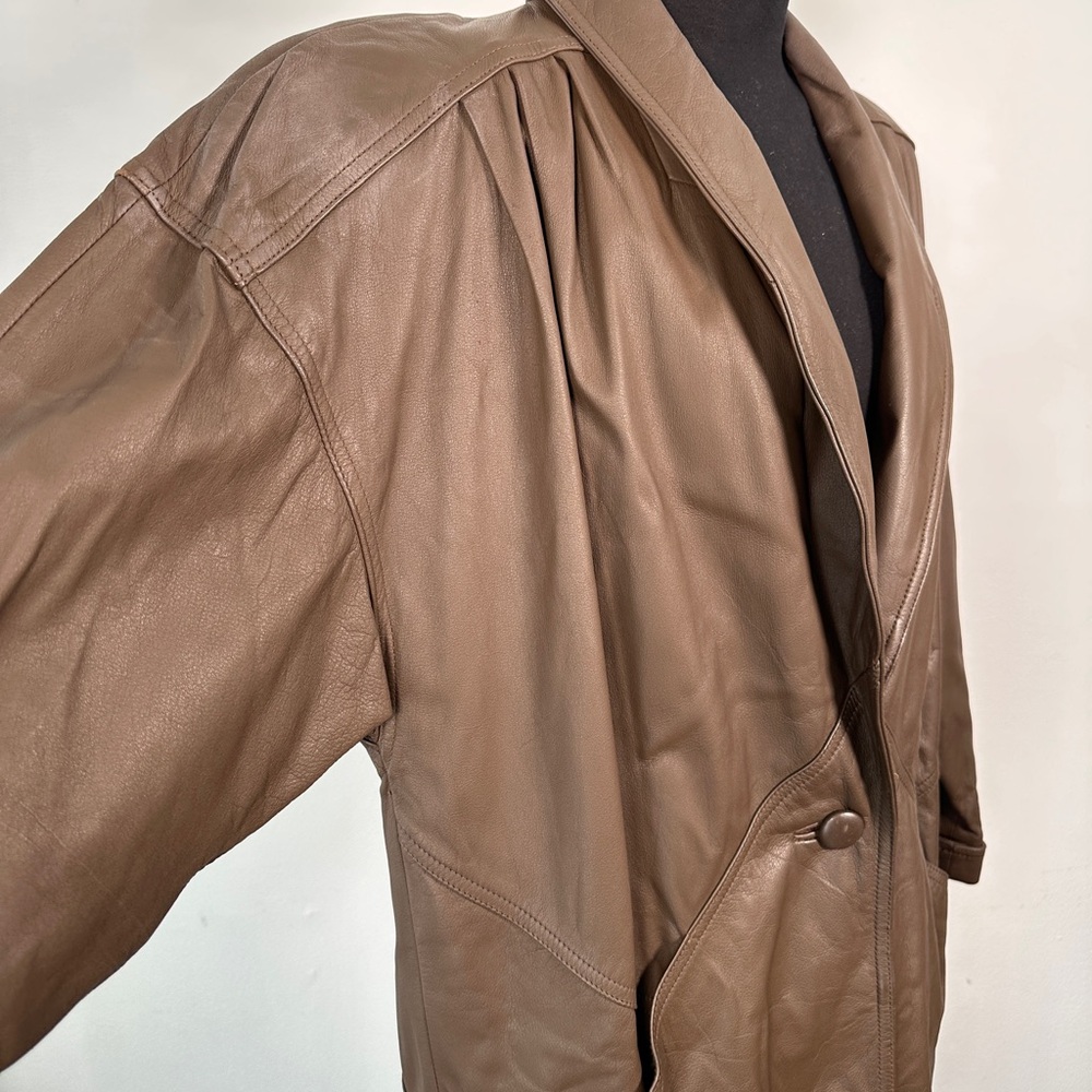 Vintage 80s Brown Leather Trench Coat Maxi Length Shawl Collar L/XL